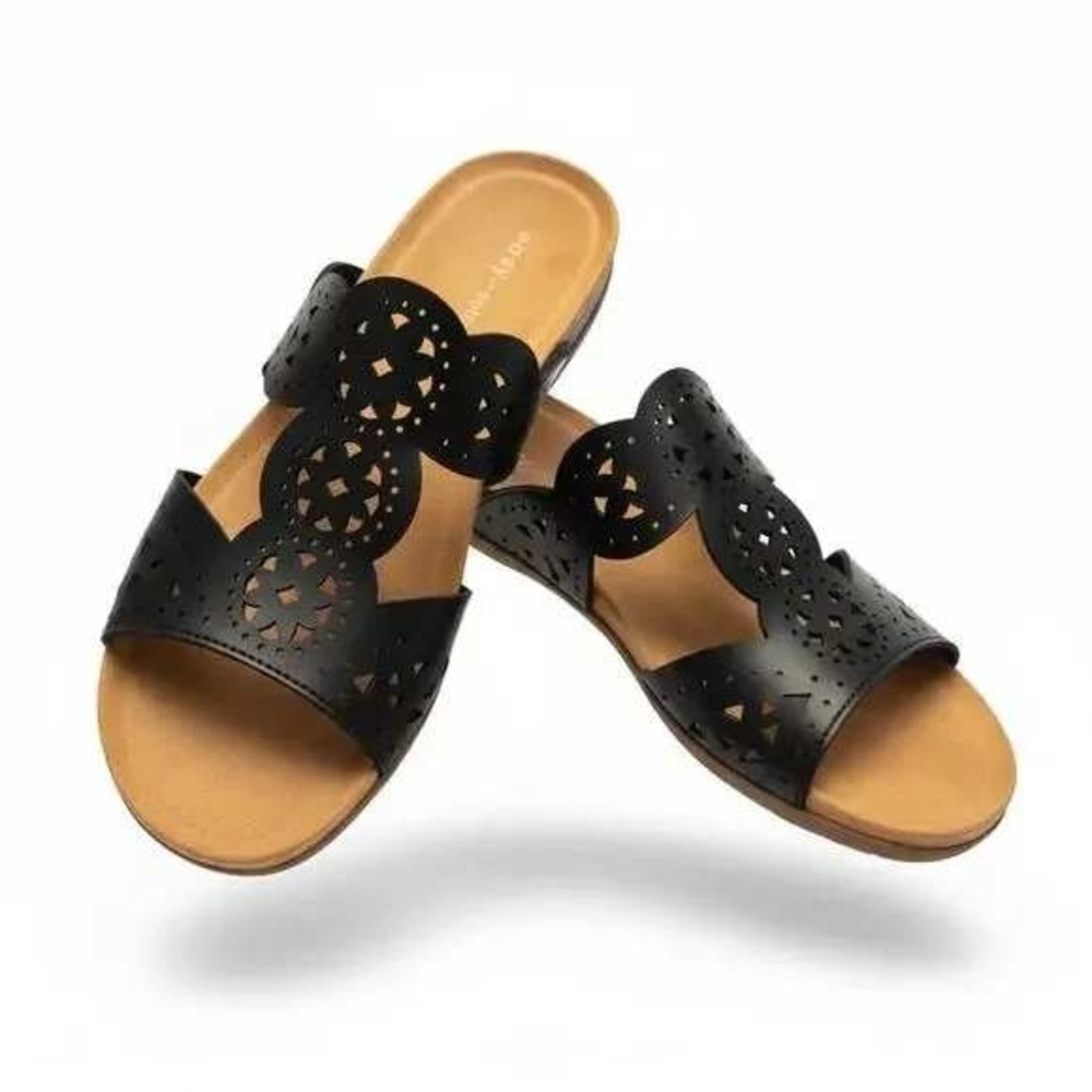 Easy Sprit Black Brixtion3 Slide Sandals Women Flat Scalloped 7m /S26232